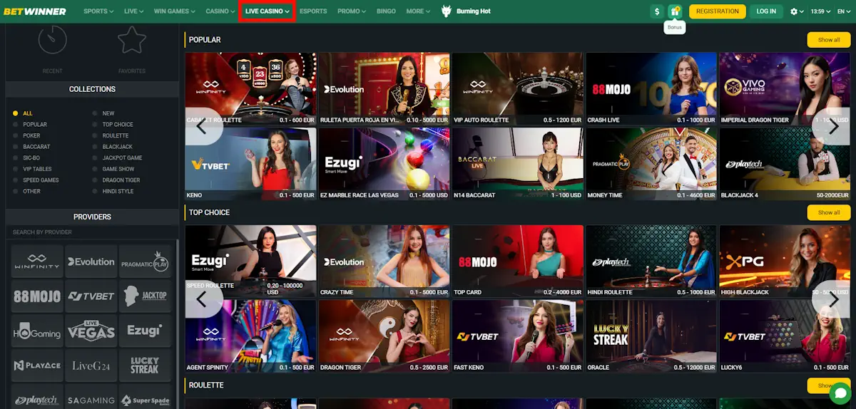 Betwinner Live Casino games Screenshot